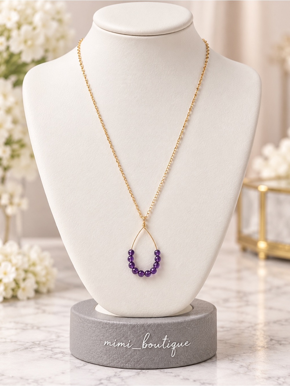 Amethyst Beaded Pendant Gold Tone Necklace 16” Nickel Free